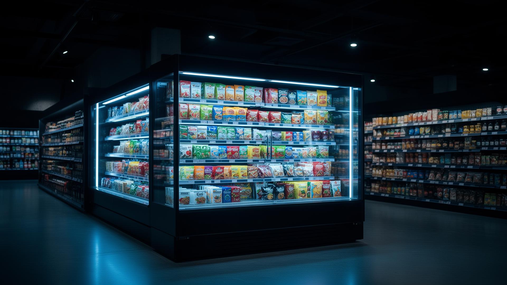 Refrigerated display cabinet glowing in a modern aisle